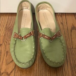 Green Leather Loafers with Brown Accents